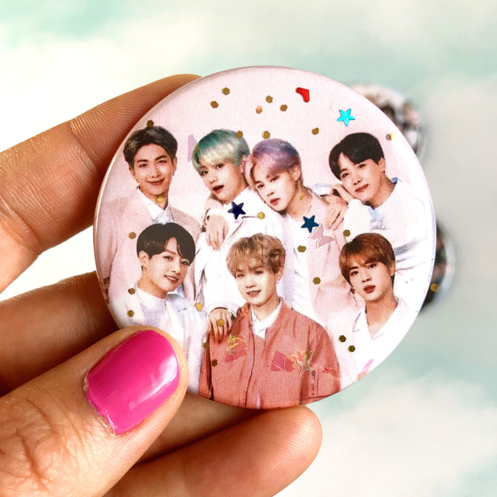 BTS pin button pink group photo pin product photo