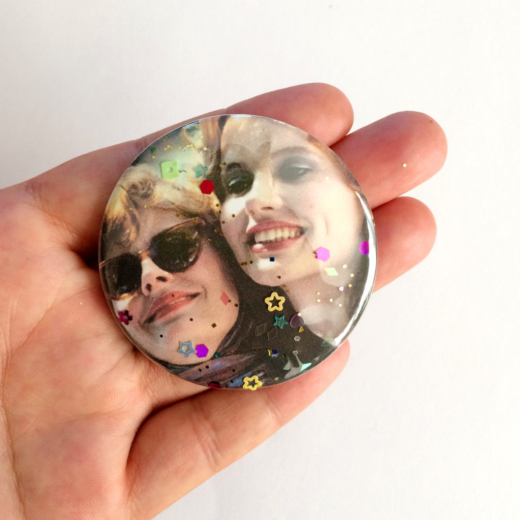 thelma and louse glitter pin button