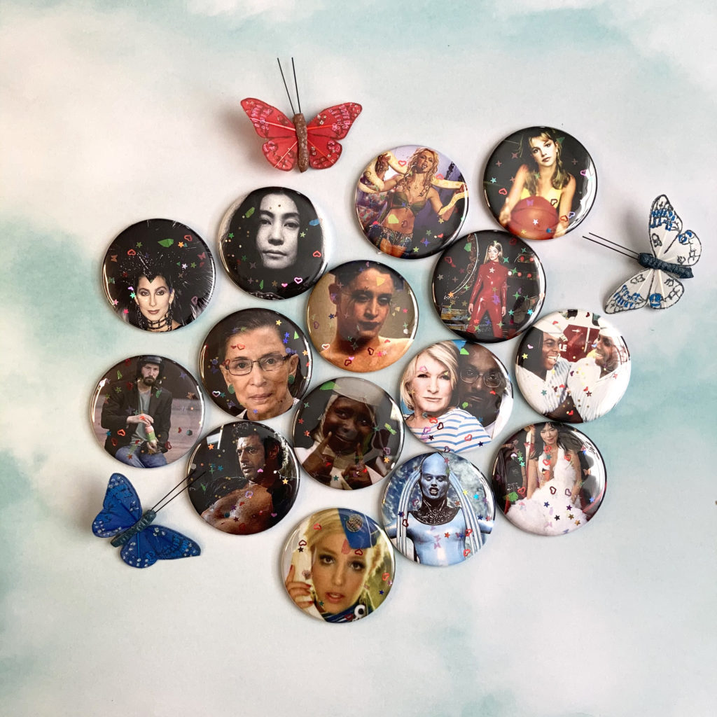 celebrity glitter buttons with butterflies cloud background