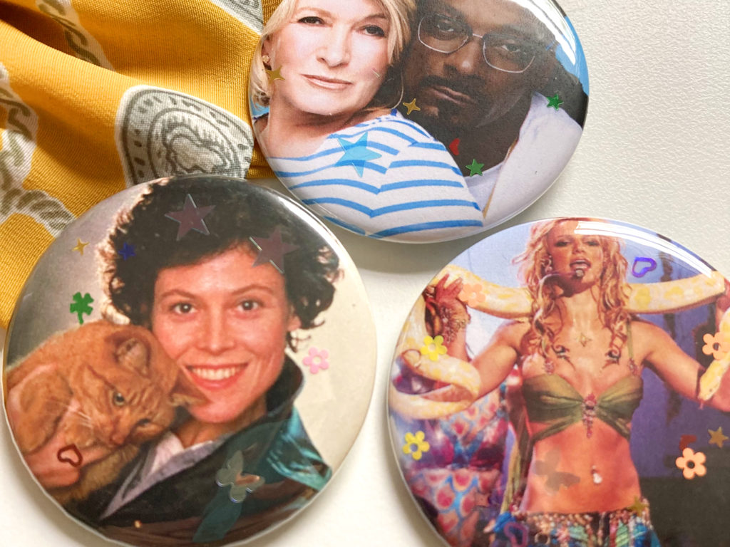 glitter pinback buttons Martha and snoop alien sigourney weaver Britney Spears snake vmas