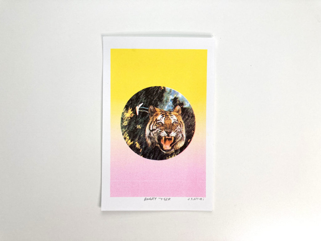 risograph print tiger plane yellow pink gradient