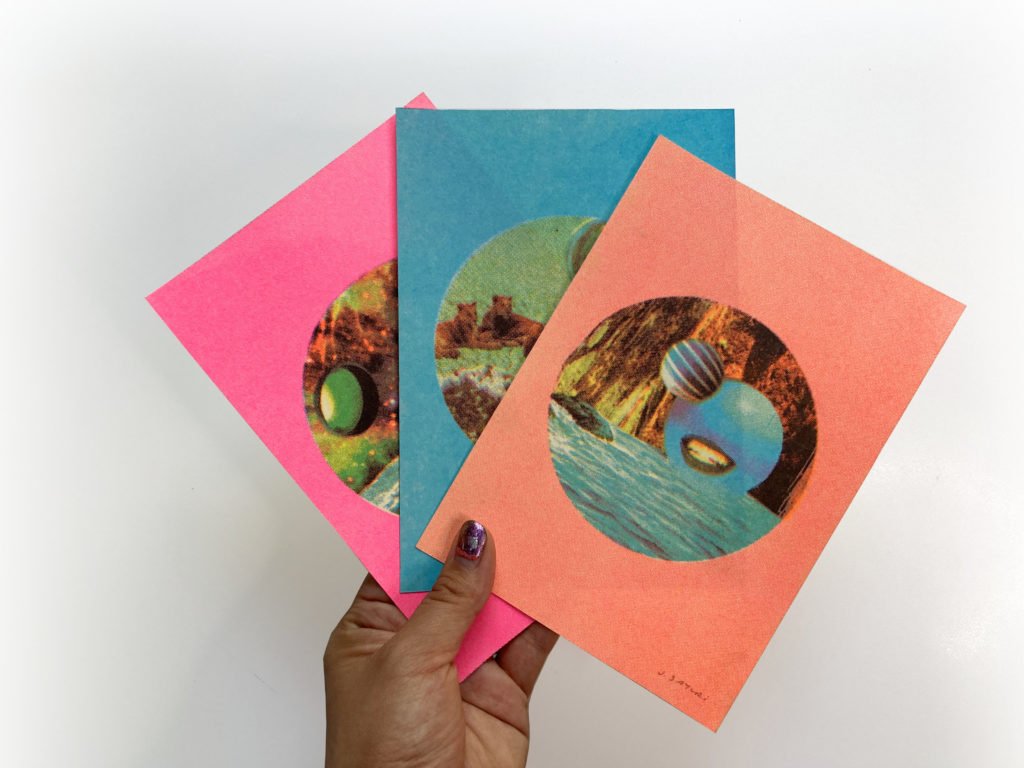 Risograph print set feminist art pink blue peach hand holding