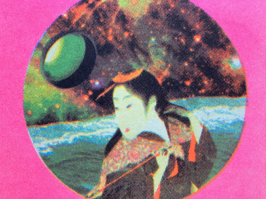 risograph print of a traditional Japanese woman in front of the ocean and a galaxy behind her bright pink background artwork by j sayuri