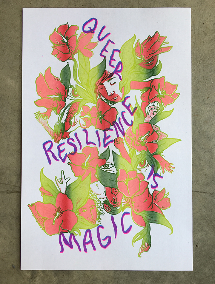 special riso print flowers queer resilience is magic LGBTQ risograph art