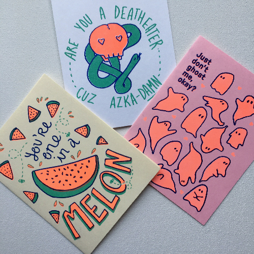 punny Risograph printed greeting cards by Leland Vaughn