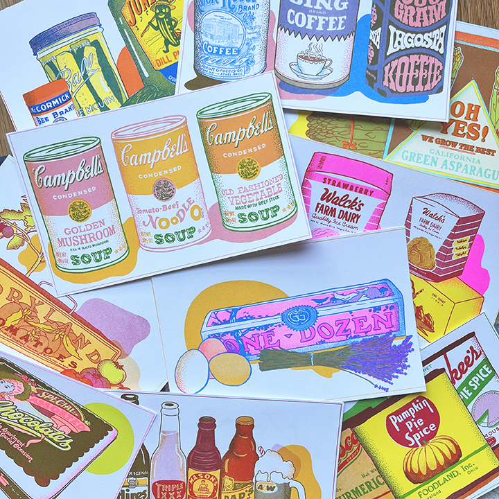 special risograph prints of vintage food Campbells soup eggs pumpkin pie spice riso printed art