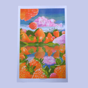 Strawberry Lake risograph print: giant strawberries reflected in a calm lake under pink clouds