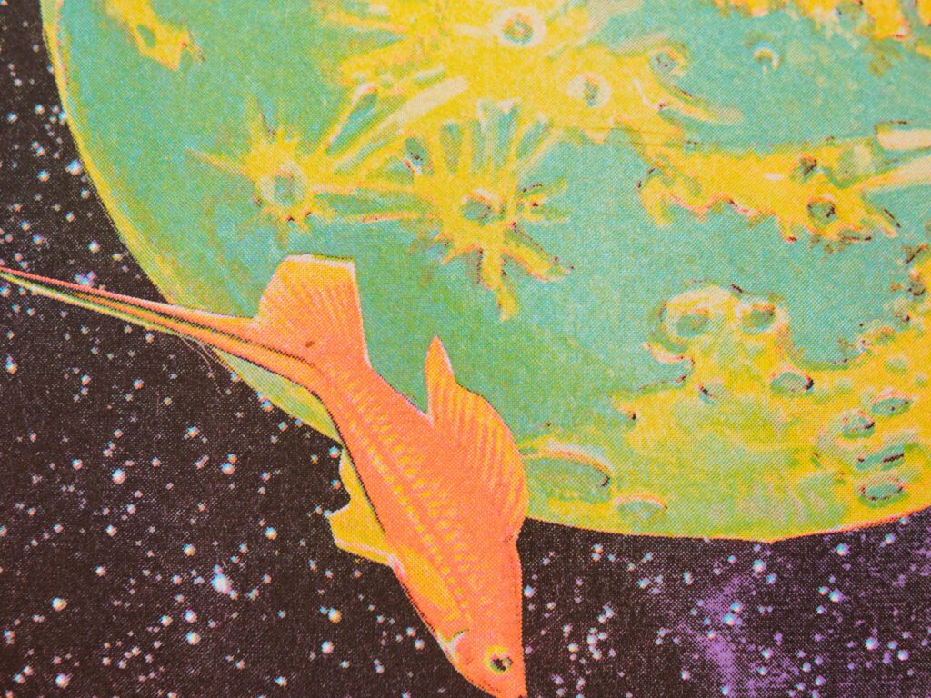 Close-up of the Curiosity risograph print showing the dot texture of layered ink