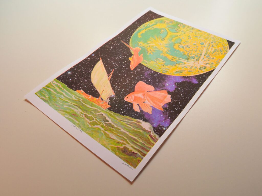 Curiosity risograph print at an angle