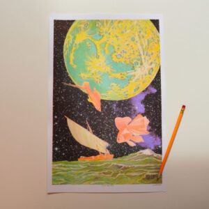 Curiosity risograph print, 11 × 17, with a pencil for scale
