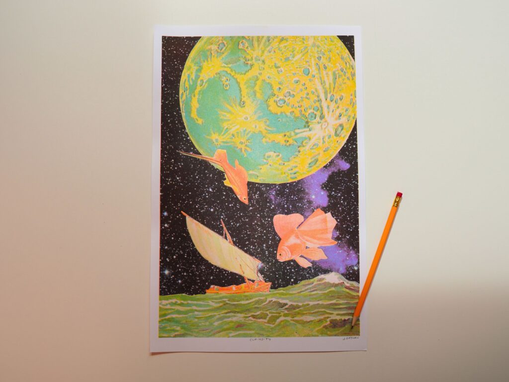 Curiosity risograph print with goldfish, a sailboat and a glowing moon
