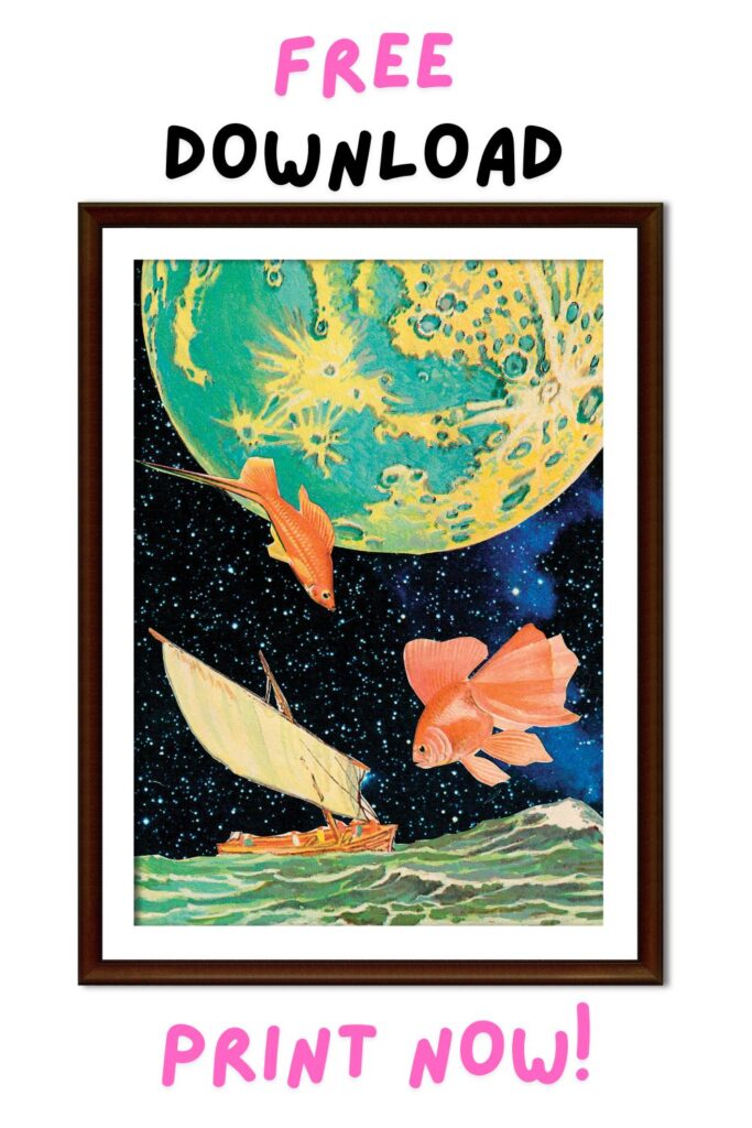 Free art print: Curiosity, a risograph print of goldfish and a sailboat under a glowing moon, in an ornate gold frame
