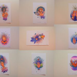 Healing Hands risograph print set: nine hand illustrations in pink, yellow and blue