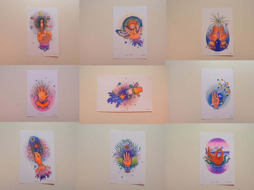 Healing Hands set of nine small risograph prints of hands