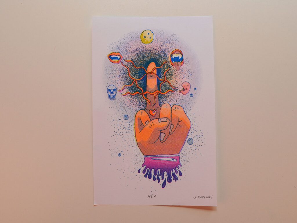 Healing Hands print of a hand with one raised finger, surrounded by small floating symbols