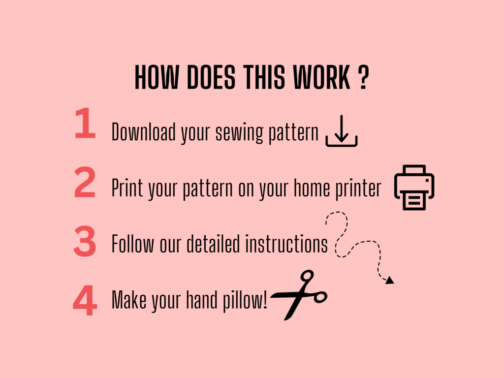 How the hand pillow sewing pattern works: download, print, follow the instructions, make your pillow
