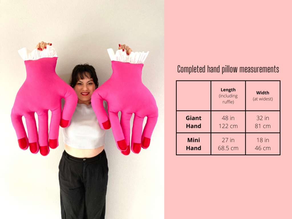Sayuri holding up two pink mini hand pillows next to a chart of finished measurements
