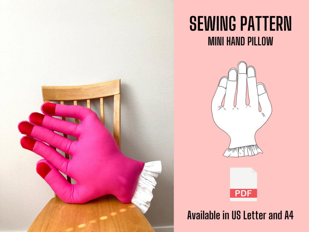 Mini Hand Pillow sewing pattern: a pink mini hand pillow on a wooden chair