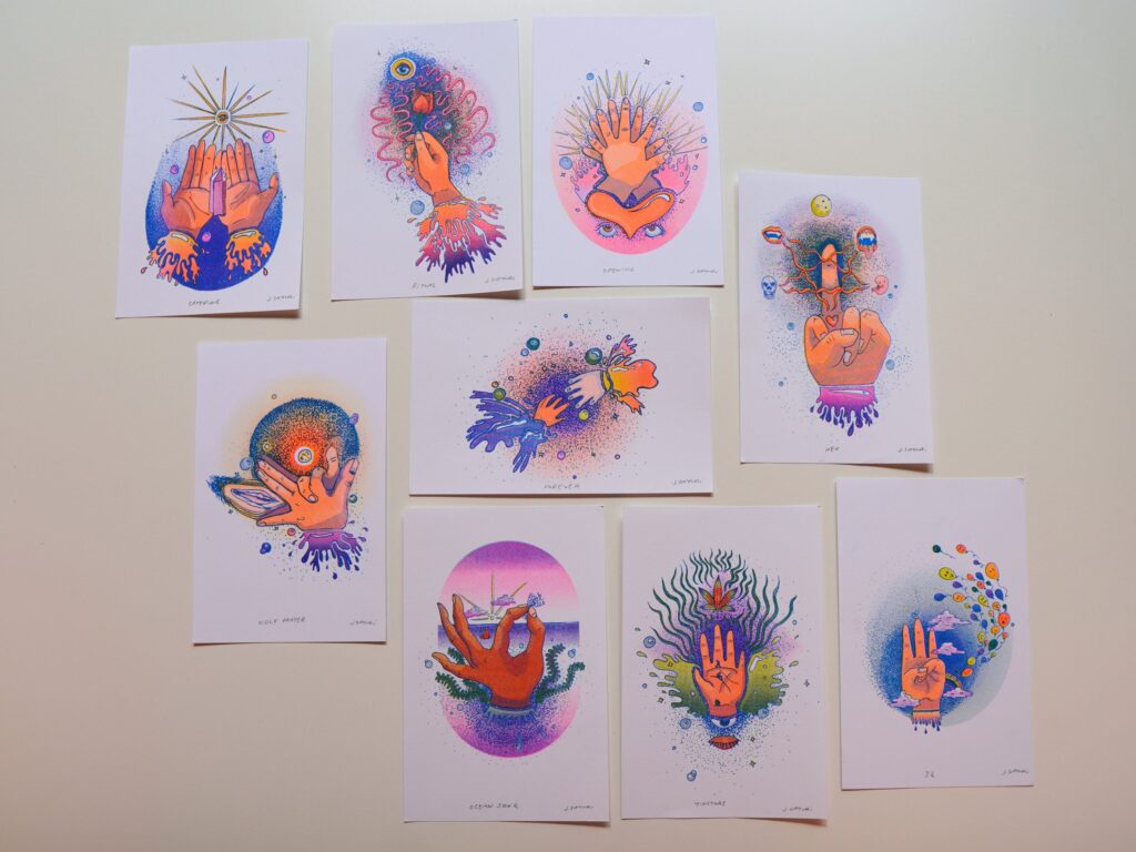 Healing Hands risograph print set: all nine hand prints laid out together