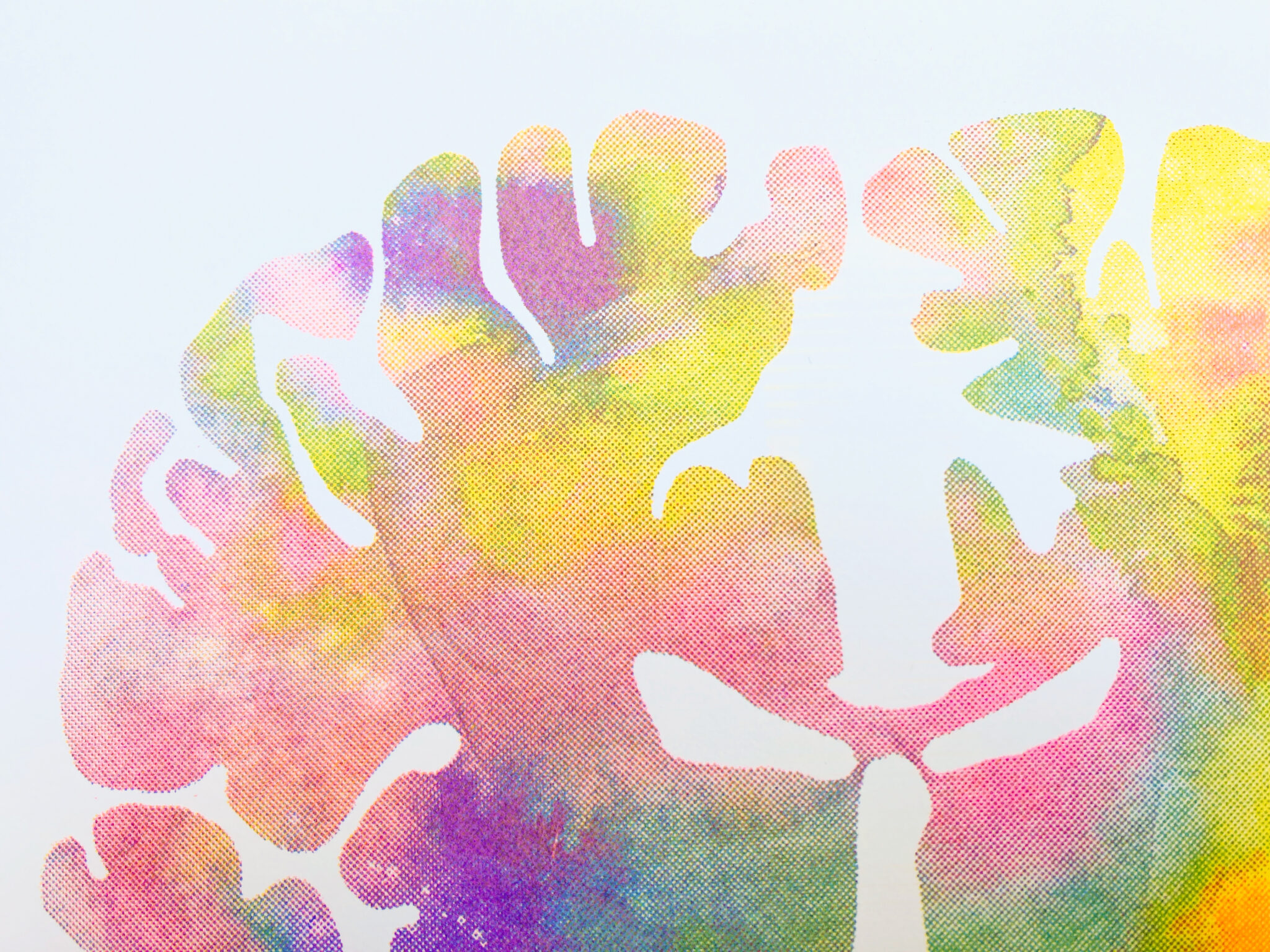 Close-up of the coronal brain print showing layered riso ink