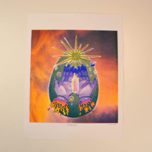 Offering risograph print: two purple hands offer a pink crystal to a golden bursting sun, against an orange and purple sky