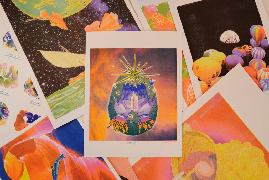 Offering risograph print on top of other risograph prints by J. Sayuri