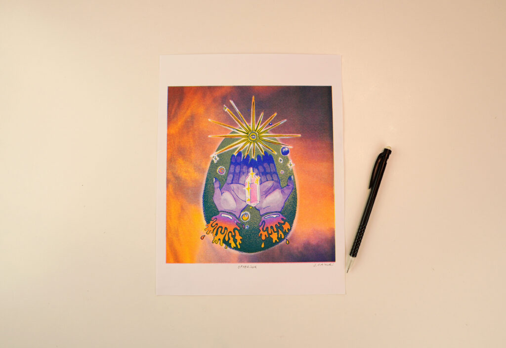 Offering risograph print next to a pencil for scale, 8.5 by 11 inches