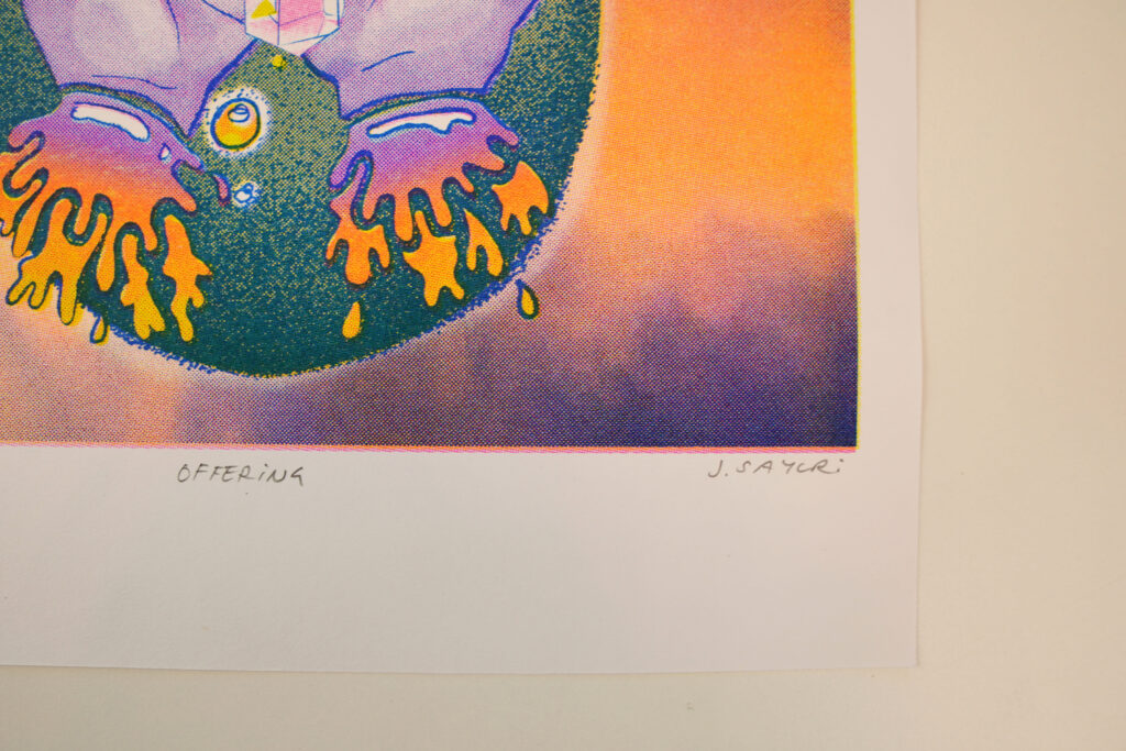 Hand-written title and signature on the Offering risograph print