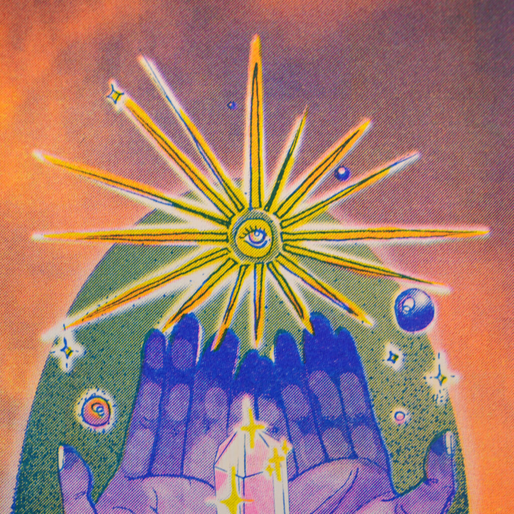 Close-up of the sun in the Offering risograph print, showing riso ink texture and layered colors