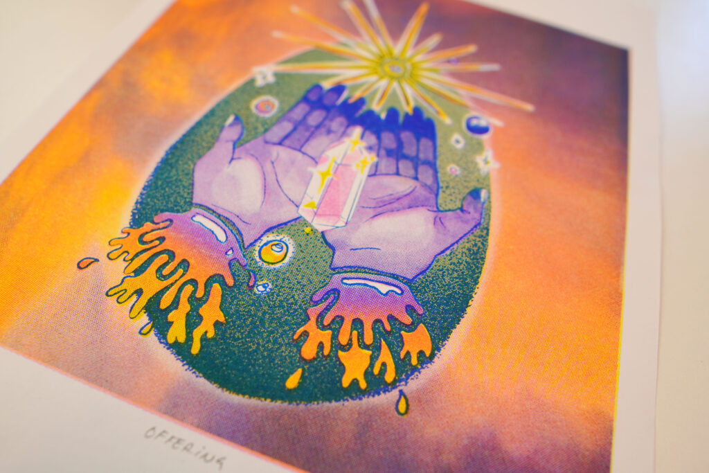 Angled close-up of the hands and crystal in the Offering risograph print