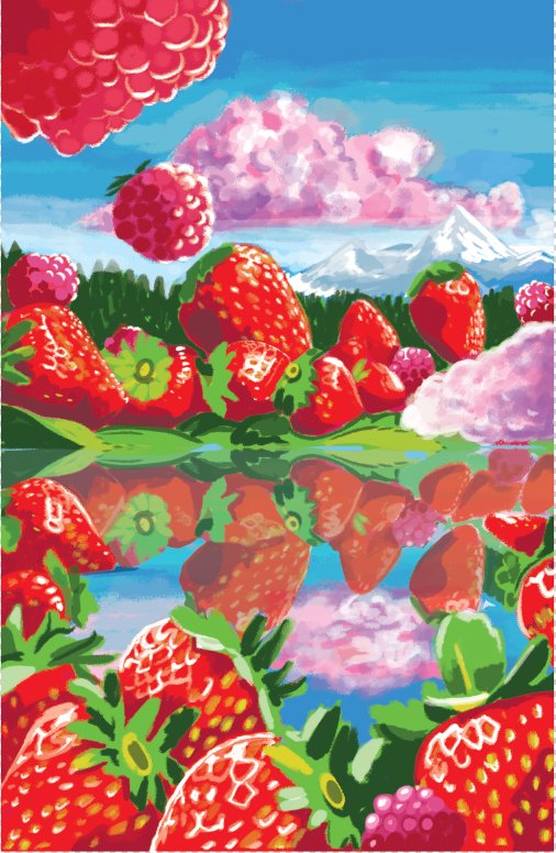 Strawberry Lake, a three-color risograph print by J. Sayuri: giant strawberries reflected in a mountain lake